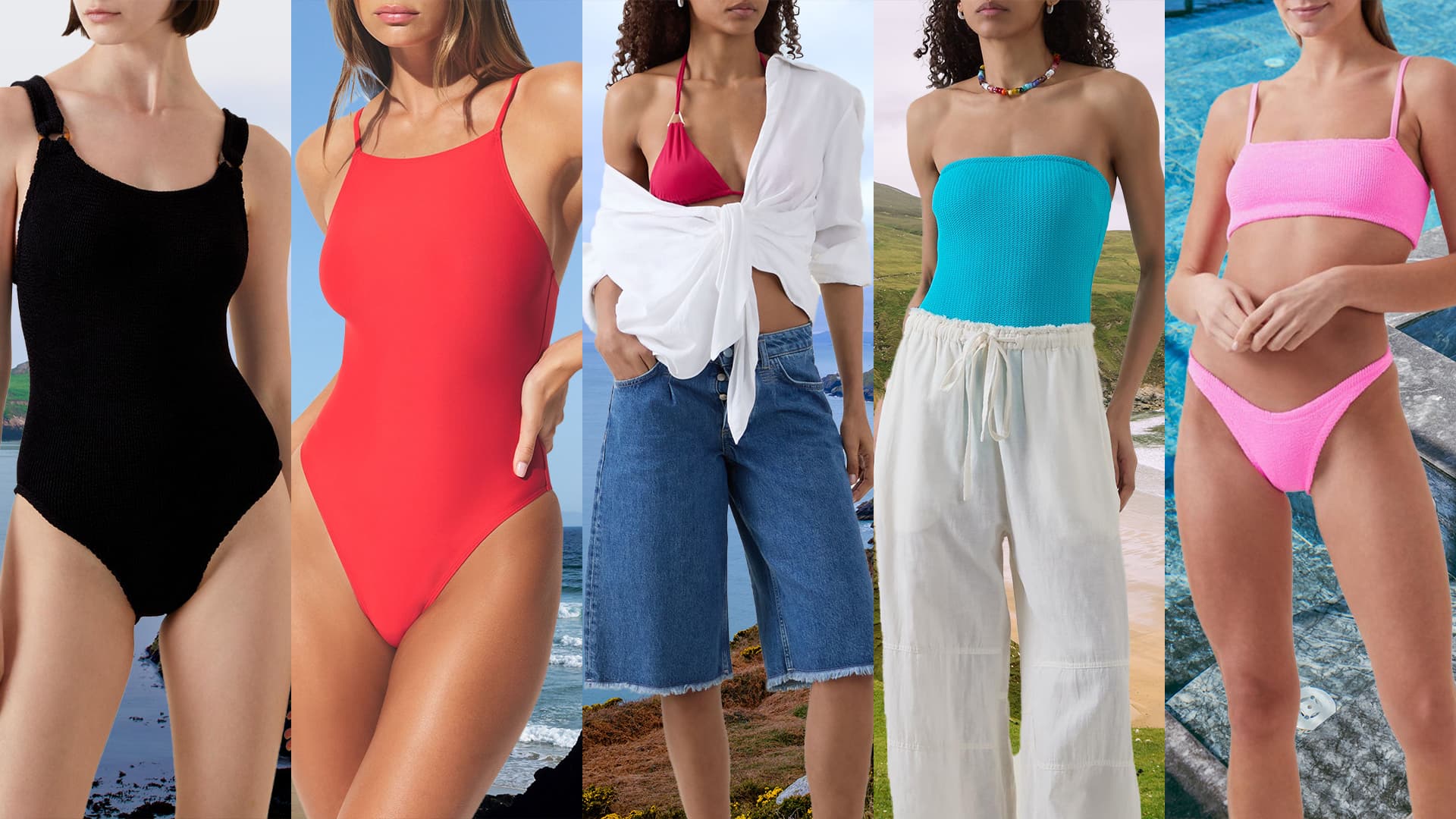 Five women modelling different swimwear styles including black one-piece, coral swimsuit, pink bikini and turquoise crop top against coastal backgrounds