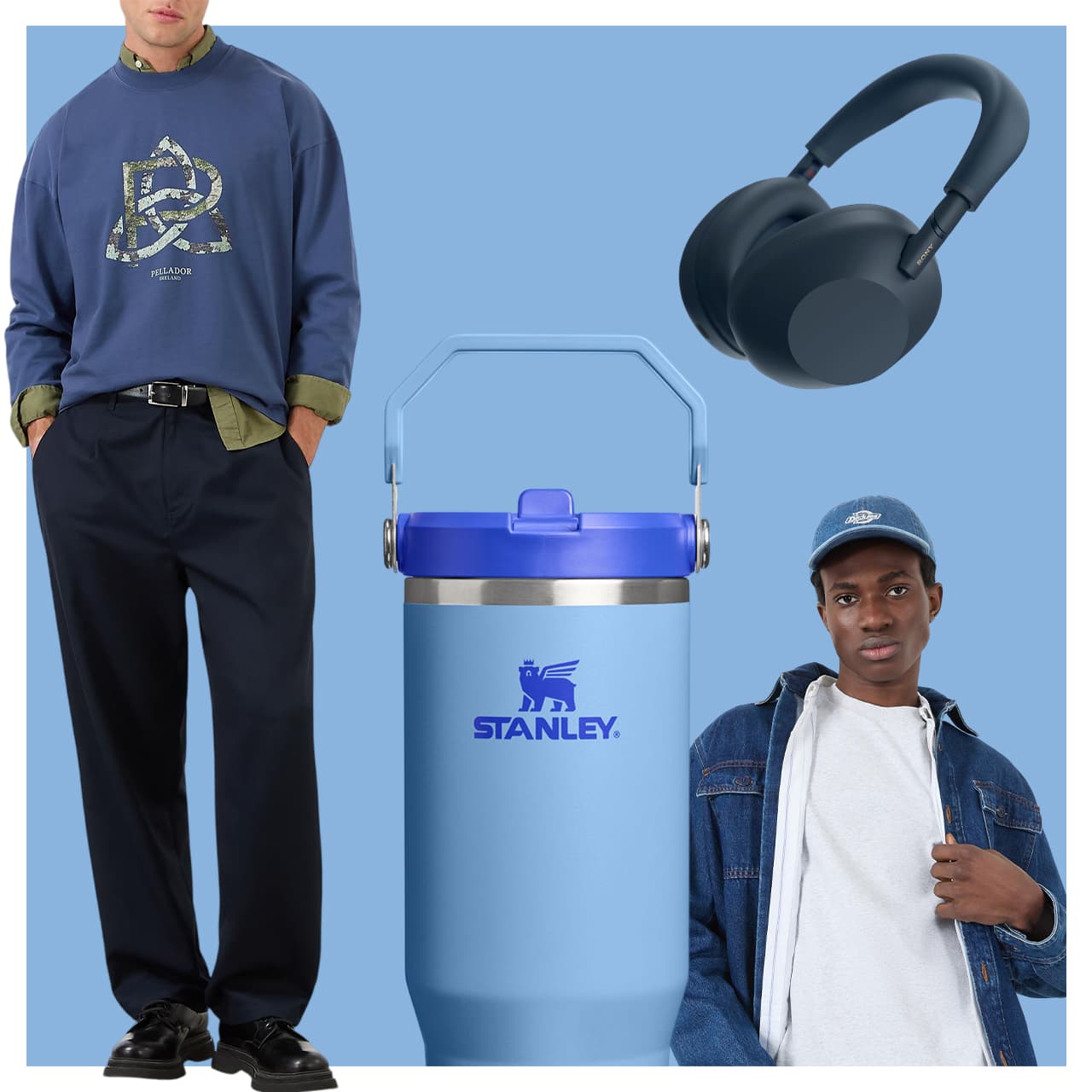 Men wearing navy and blue outfits with ice blue Stanley water bottle, black headphones and accessories on blue background