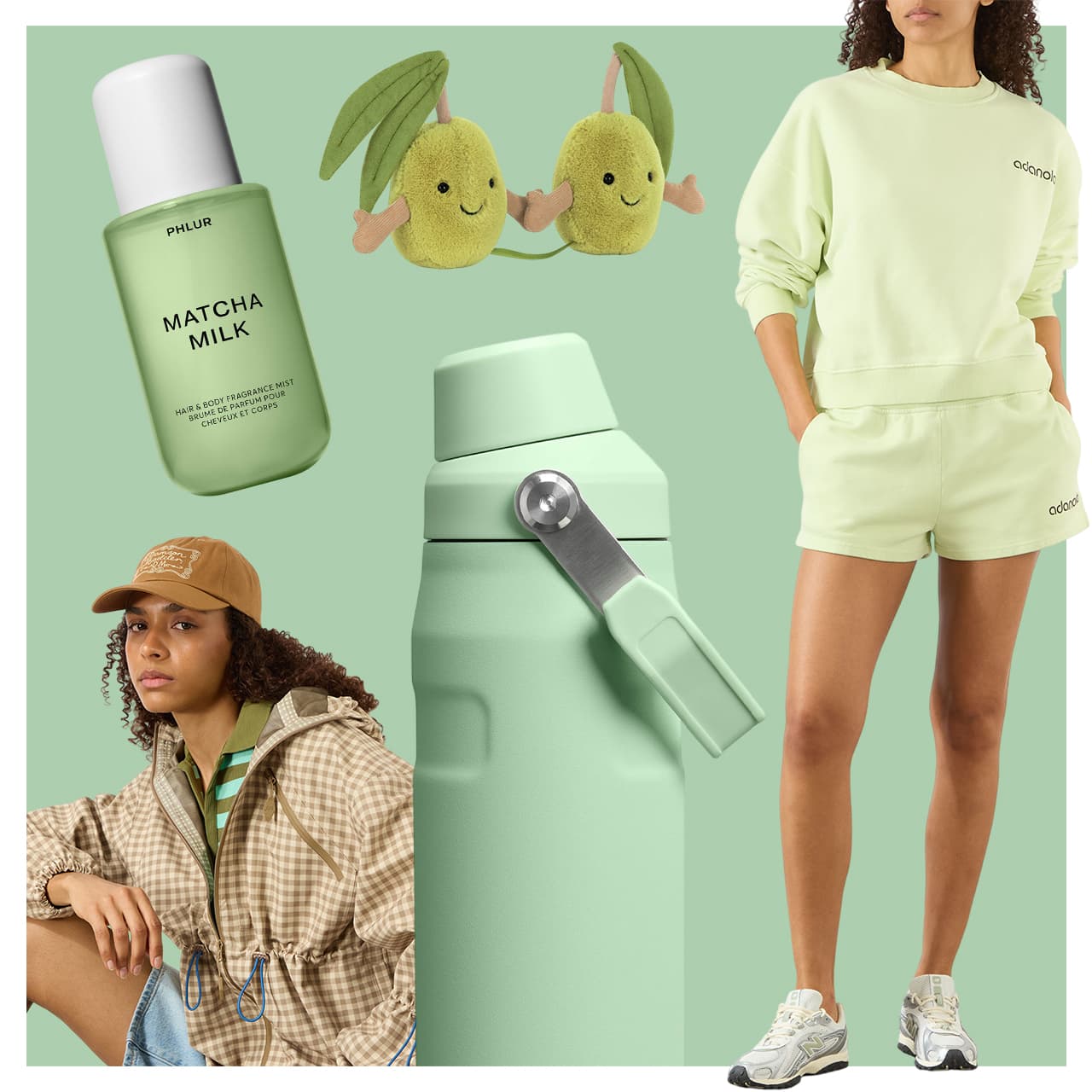 Pistachio-coloured products and apparel including Stanley water bottle, fragrance mist, sweatshirt, plush toys and accessories on mint green background