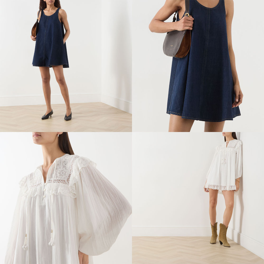 Four product images: navy A-line mini dress, white pleated mini dress with lace detail, and brown shoulder bag.
