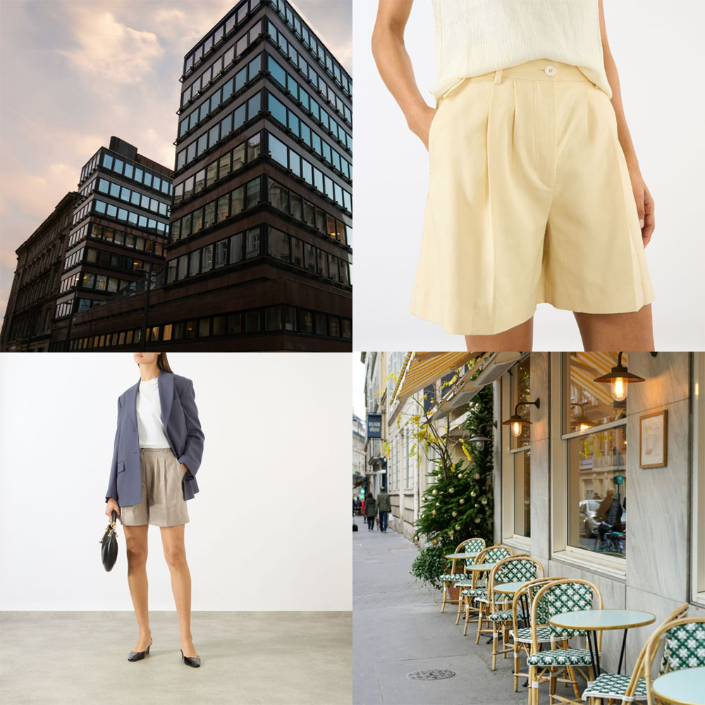 Four lifestyle images: modern office building, woman in pale yellow tailored shorts with navy blazer, and street café with seating.