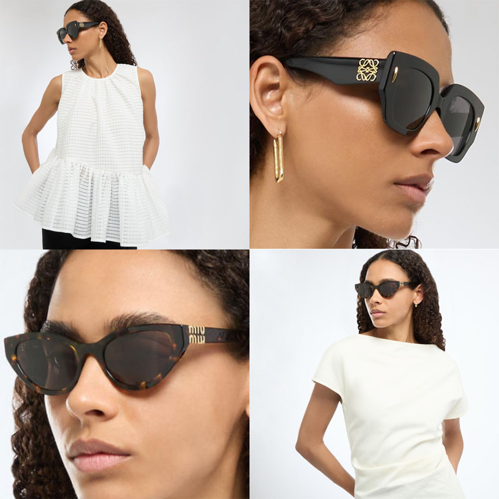 Four images showing white textured vest top and variety of designer sunglasses in black and tortoiseshell frames.