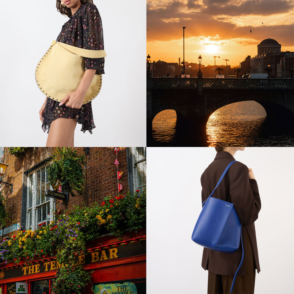 Woman wearing cream shoulder bag with navy floral dress, styled against Dublin cityscape and vibrant pub frontage with flowers