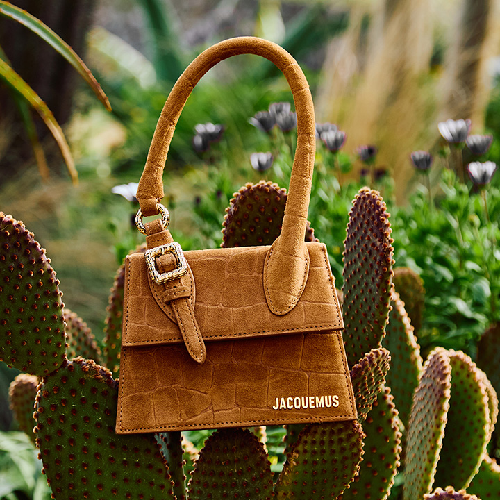 A brown handbag with a strap is hanging on a cactus, surrounded by greenery and blurred plants in the background.