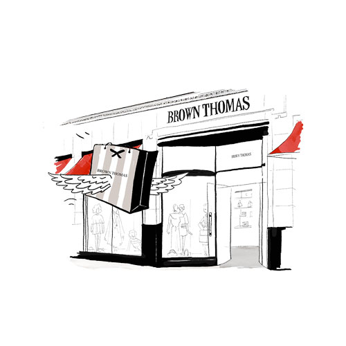 Illustrated storefront of Brown Thomas with a shopping bag adorned with wings flying in the foreground.