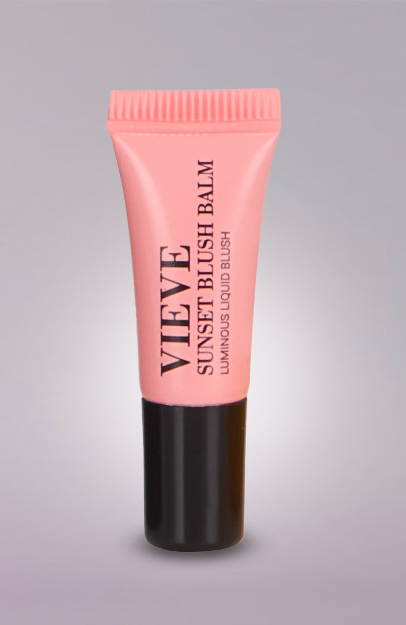 A pink tube of Vieve Sunset Blush Balm with a black cap, labeled 'Luminous Liquid Blush.'
