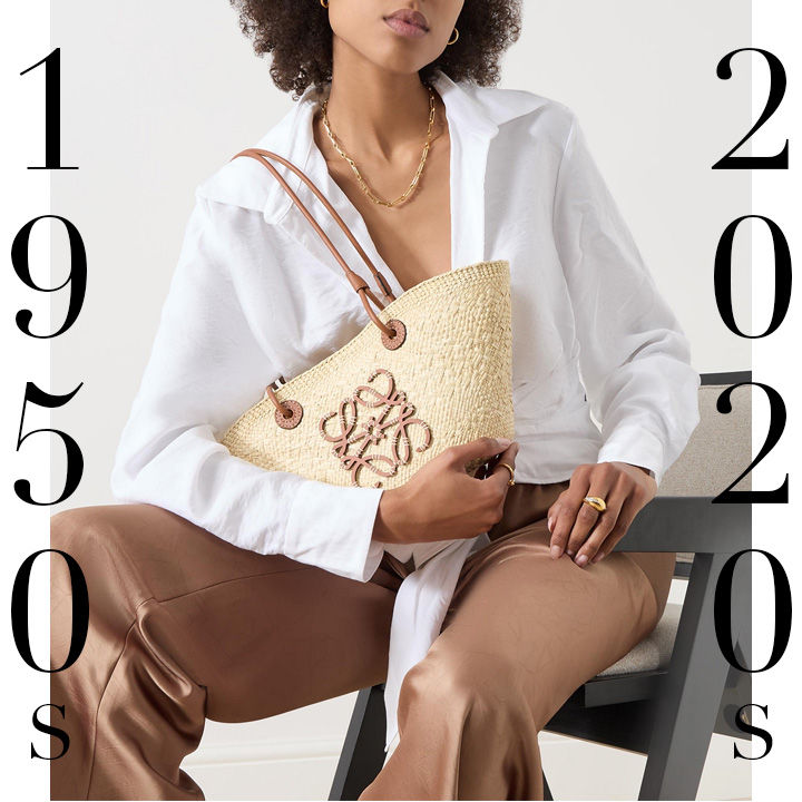 Woman holding a LOEWE handbag with '1950s' on the left and '2020s' on the right