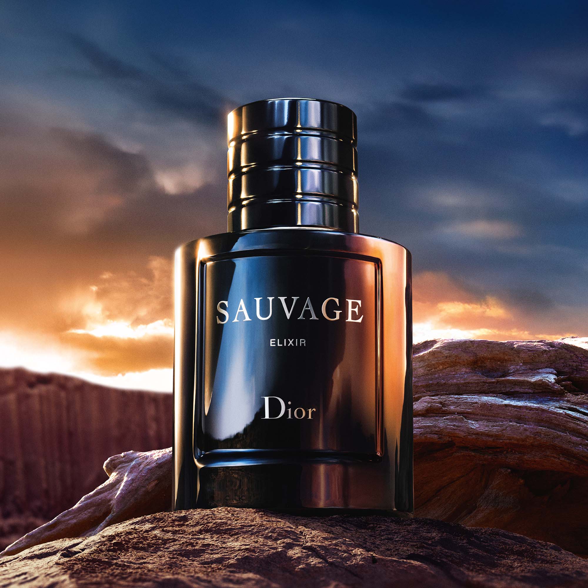 A bottle of Dior Sauvage Elixir perfume set against a dramatic sunset and rocky landscape.
