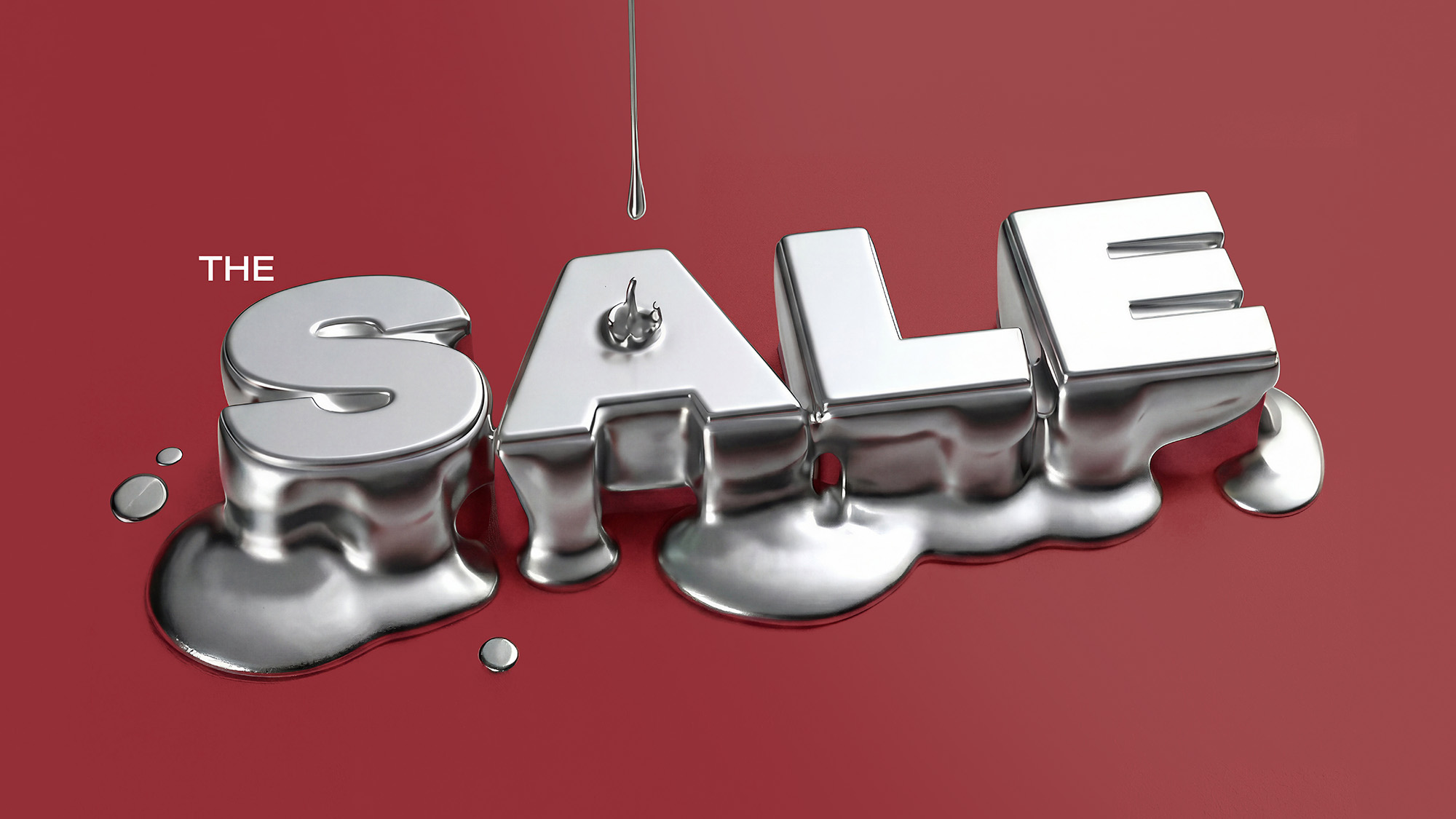 The word 'Sale' in metallic 3D letters with melting effect on burgundy background, with text 'The' and decorative droplet elements