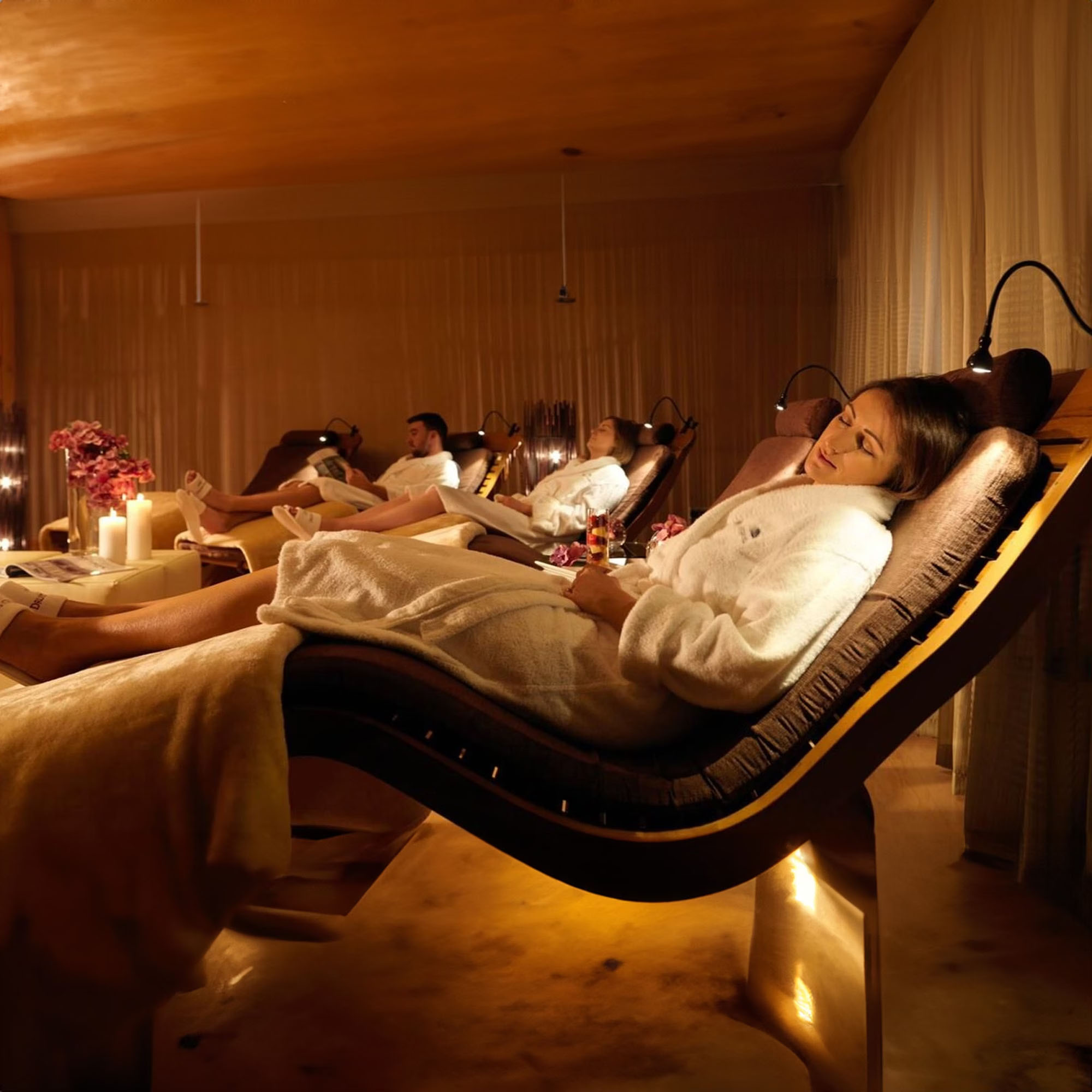 People in robes relax on reclining chairs in a dimly lit spa room with candles and flowers.