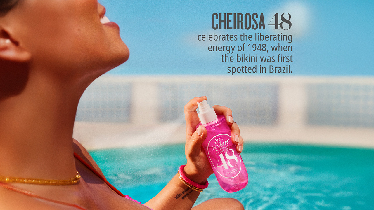 A person holds a pink bottle of Sol De Janeiro's Cheirosa 48 by a pool, with text celebrating 1948 as the bikini's debut year in Brazil.
