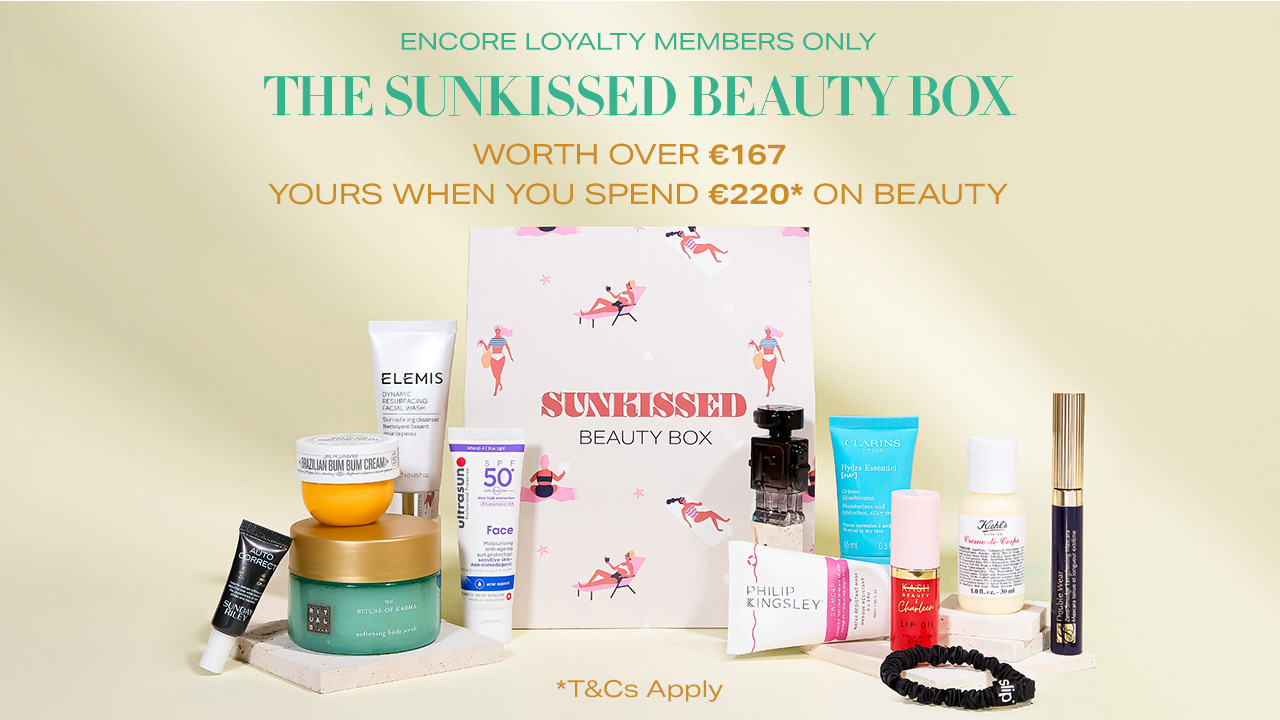 A collection of beauty products displayed around a 'Sunkissed Beauty Box,' offered to members spending over €220, valued at over €167.