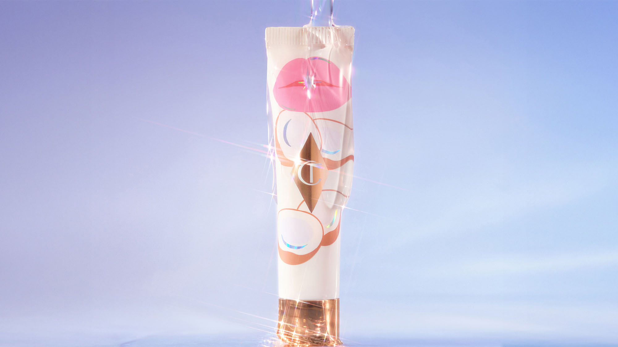 A white cosmetic tube with a metallic cap and abstract face design on a light blue background, surrounded by sparkling light effects.