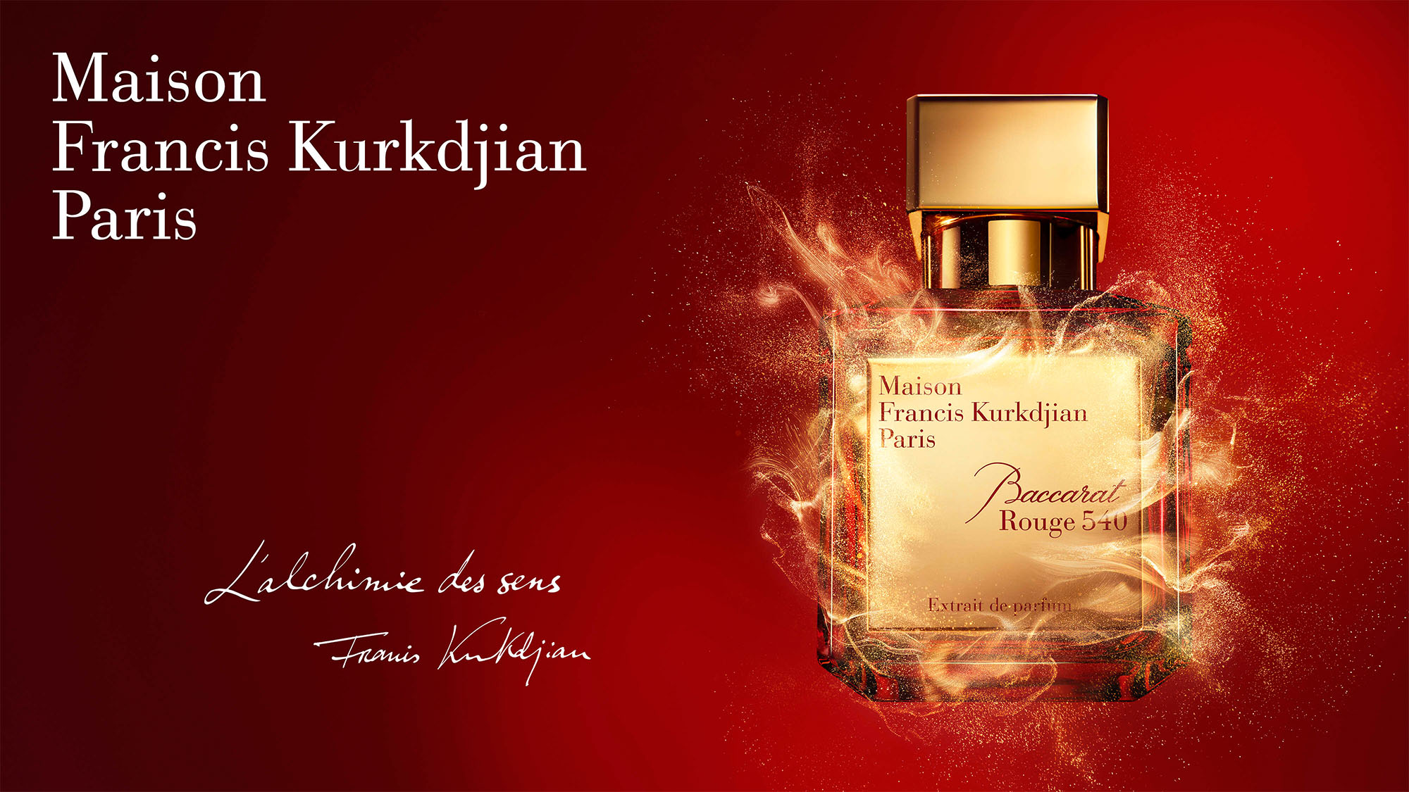 A gold perfume bottle labeled 'Maison Francis Kurkdjian Paris, Baccarat Rouge 540' with a glowing effect on a red background.