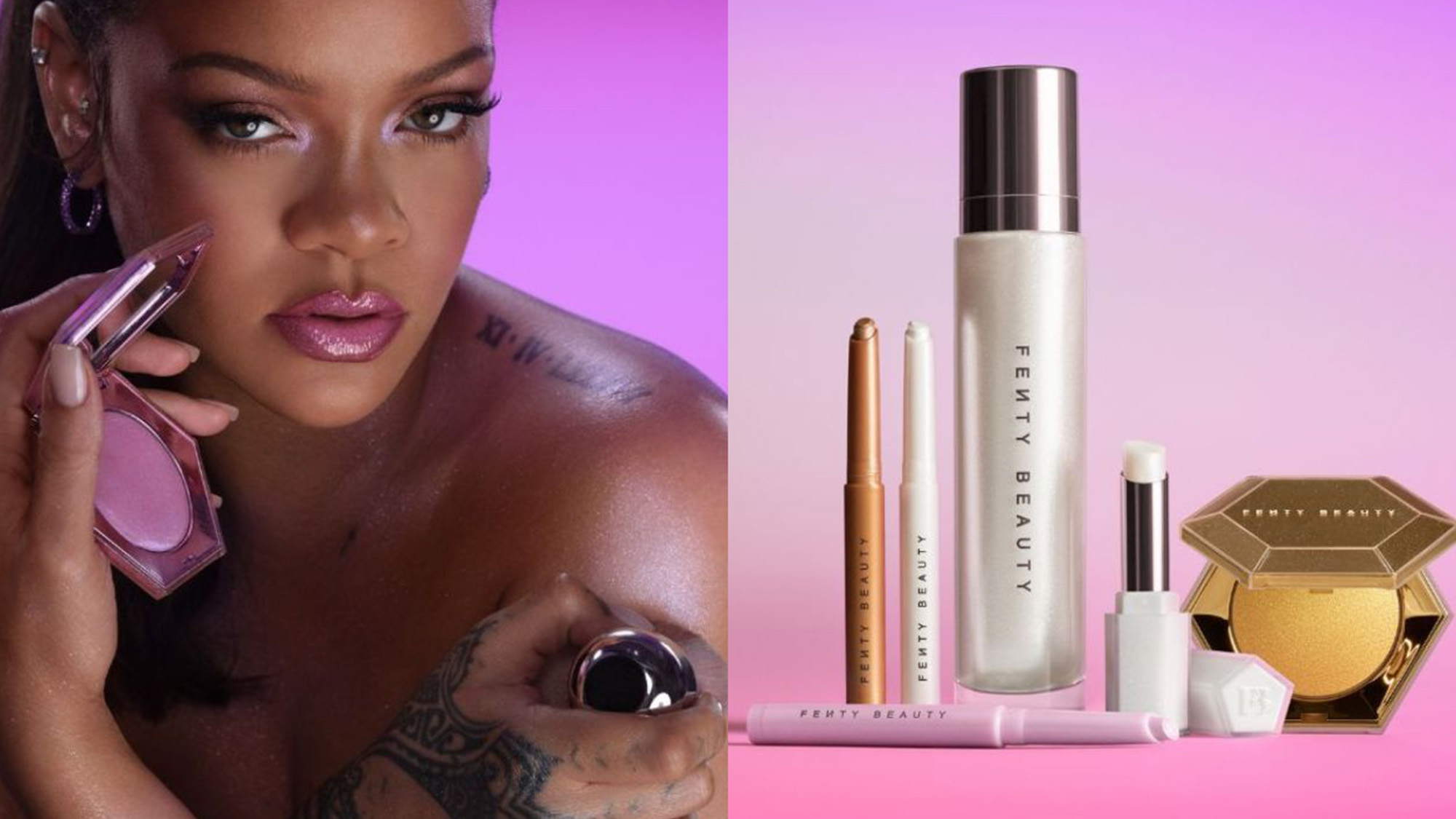 Fenty Beauty makeup products displayed on a pink gradient background, including highlighter, lipstick, and foundation.