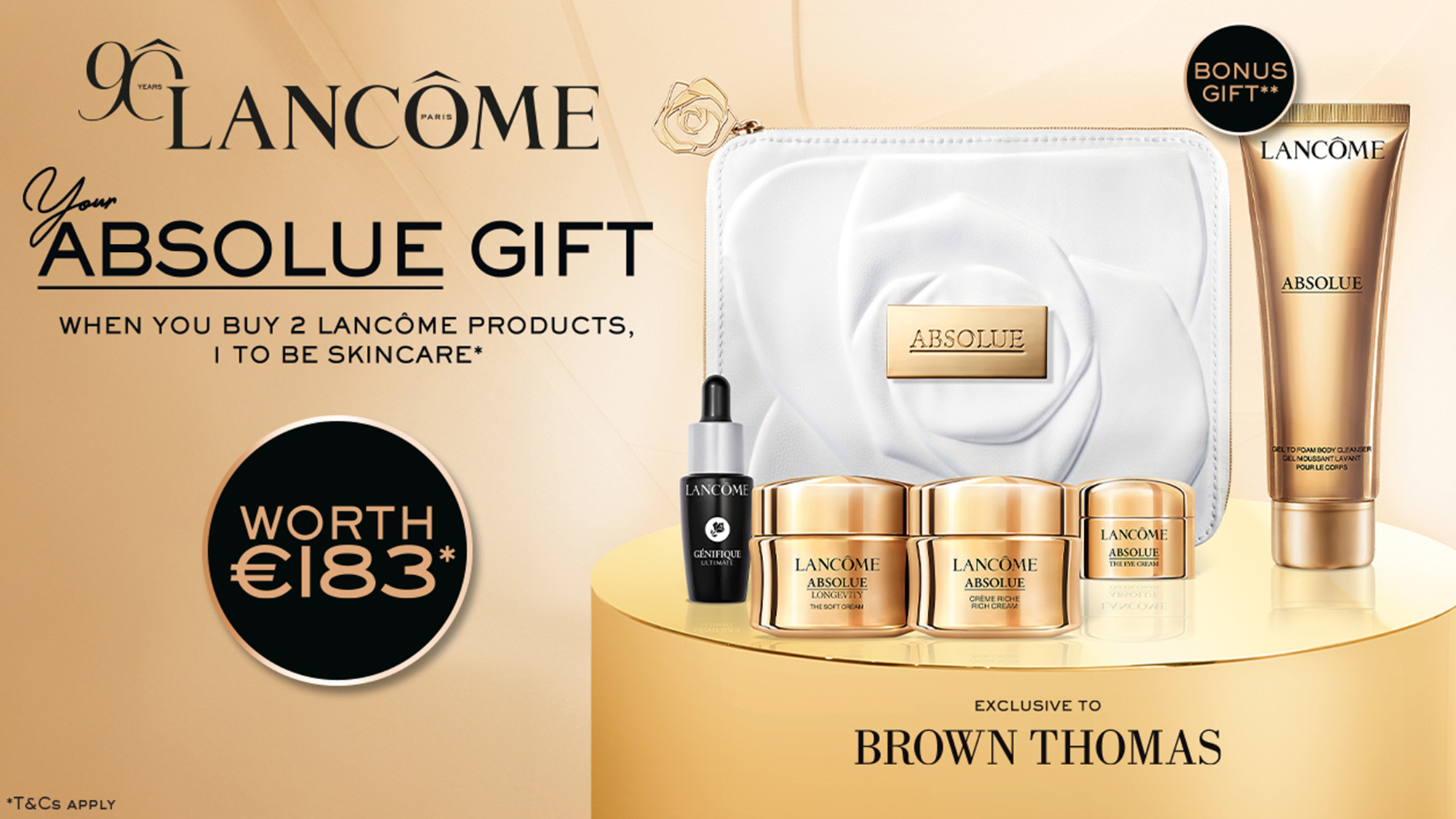 Lancôme gift set advertisement featuring Absolue skincare products and a bonus gift, exclusive to Brown Thomas, valued at €183.