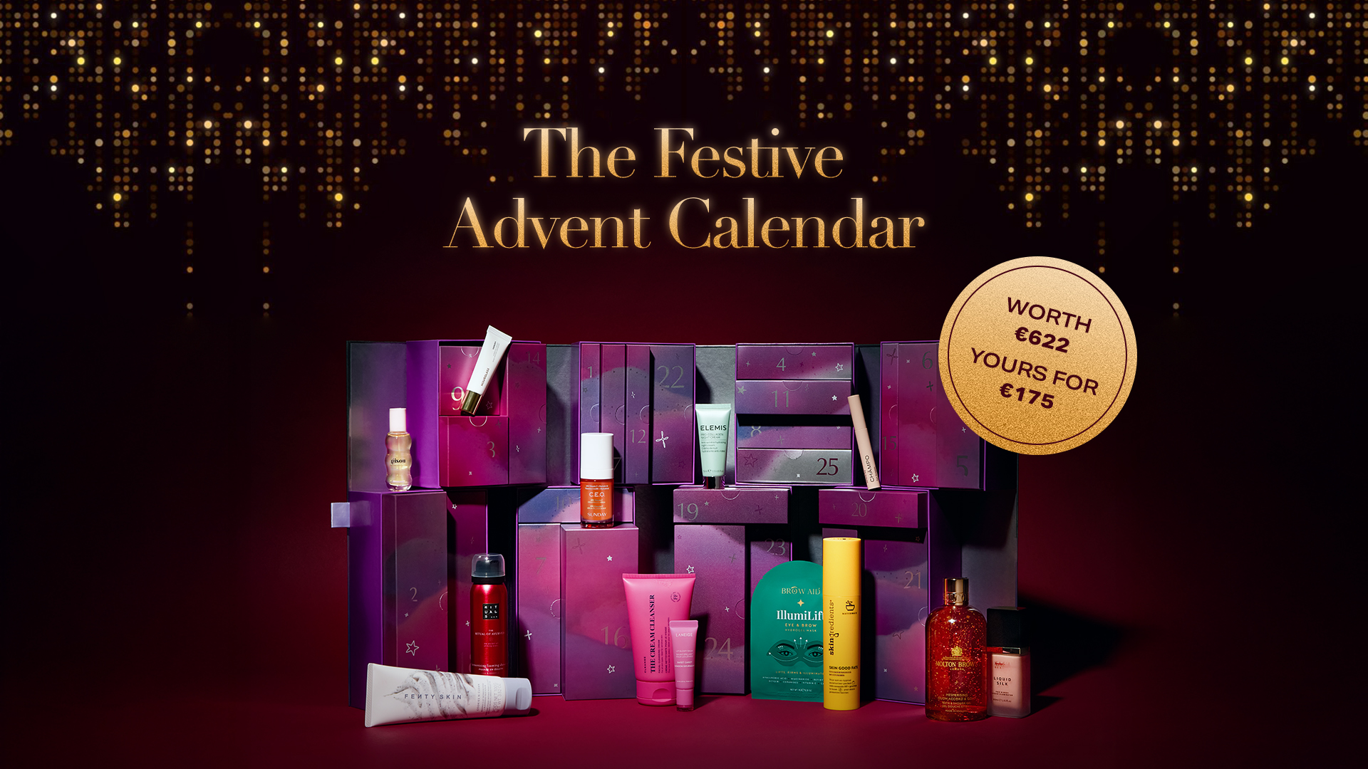 Advent calendar with beauty products, labeled 'The Festive Advent Calendar,' valued at €622.