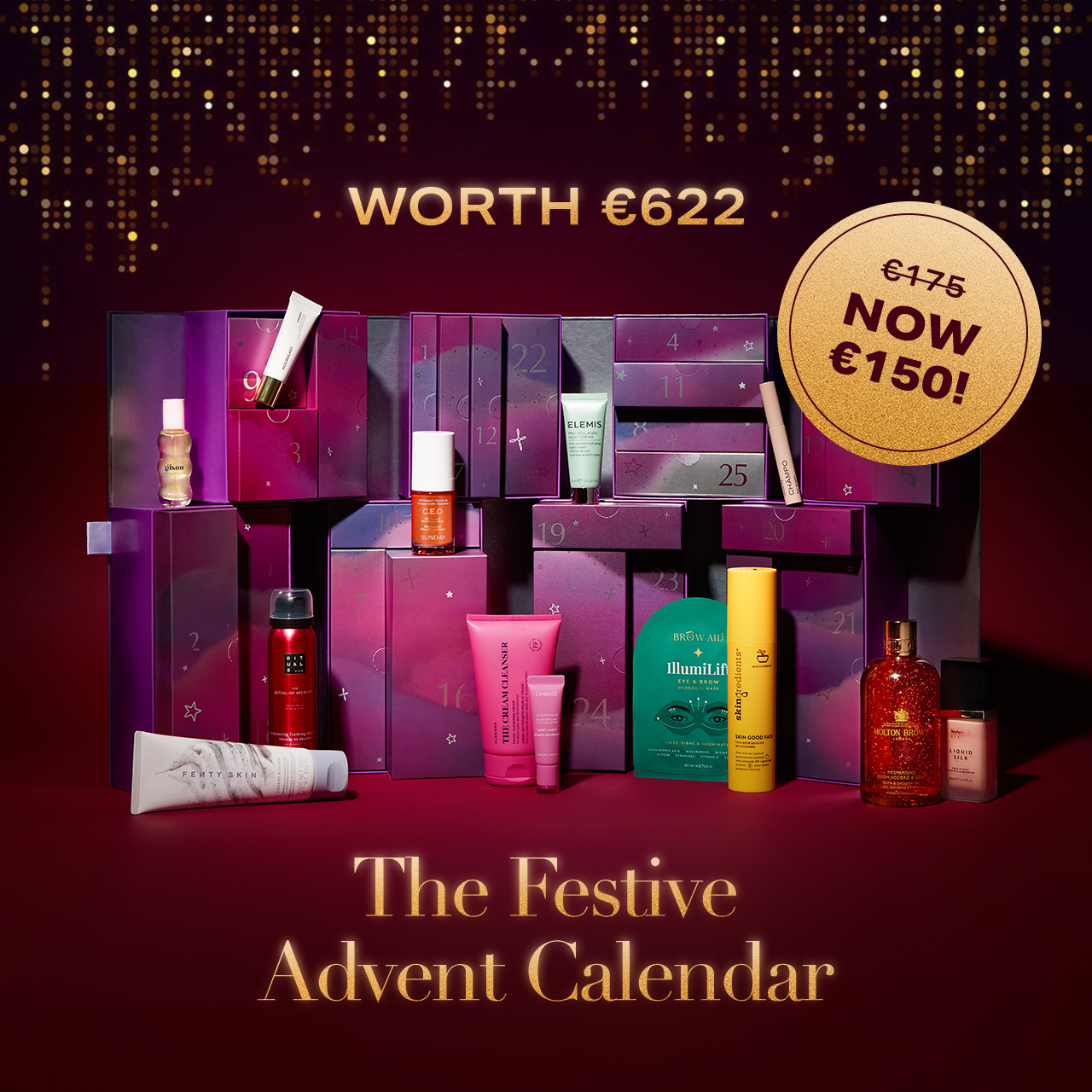 Advent calendar with beauty products, labeled 'The Festive Advent Calendar,' valued at €622.