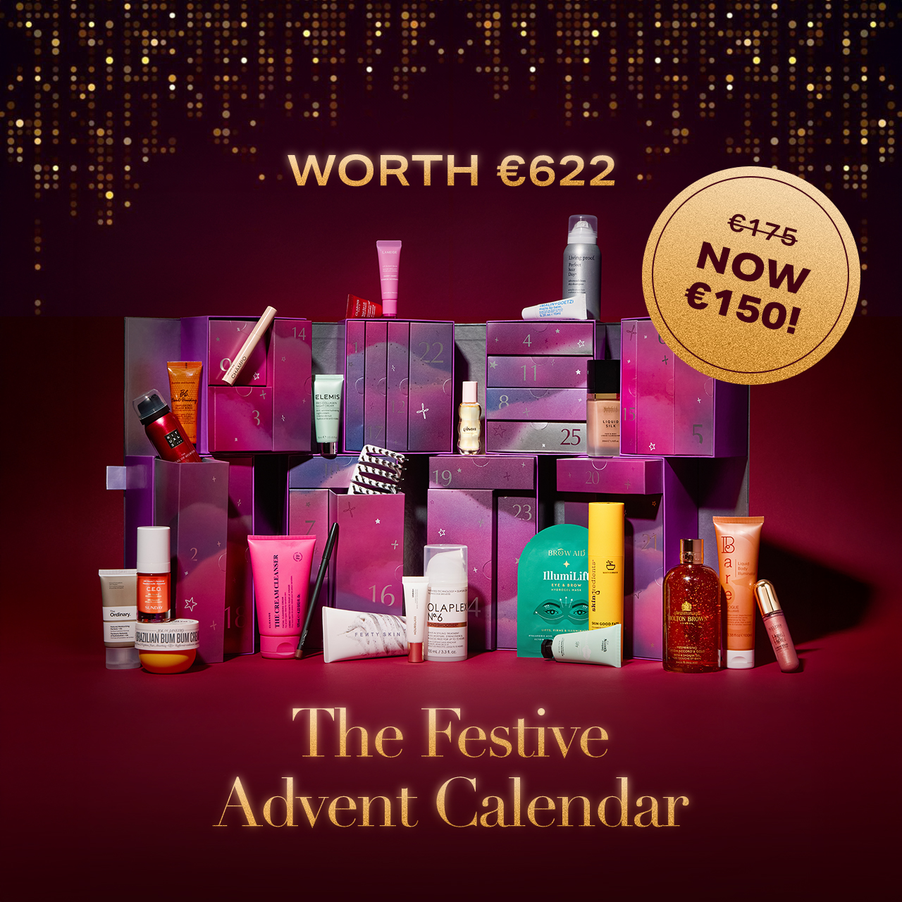 Advent calendar with beauty products, labeled 'The Festive Advent Calendar,' valued at €622.