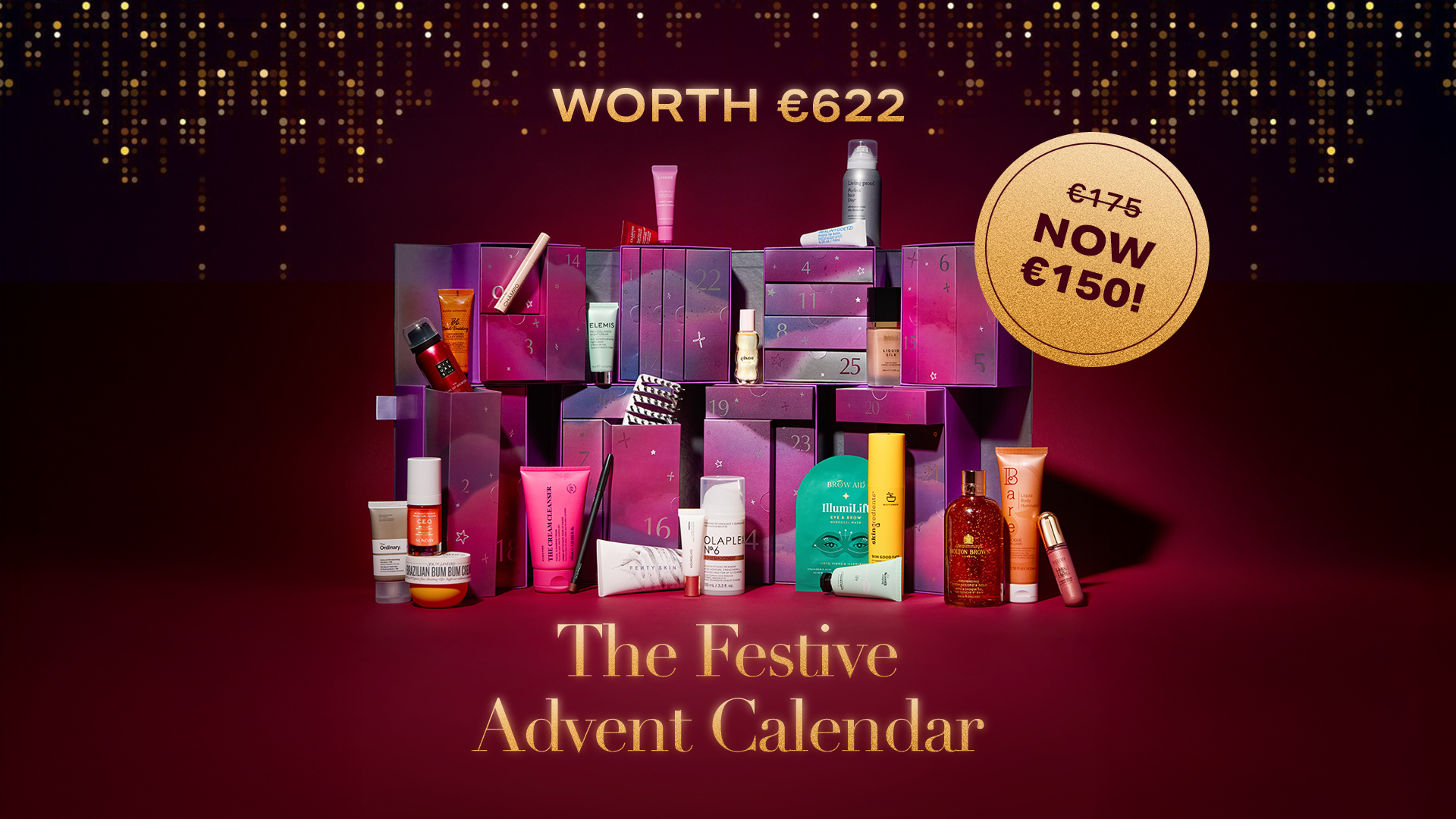 Advent calendar with beauty products, labeled 'The Festive Advent Calendar,' valued at €622.