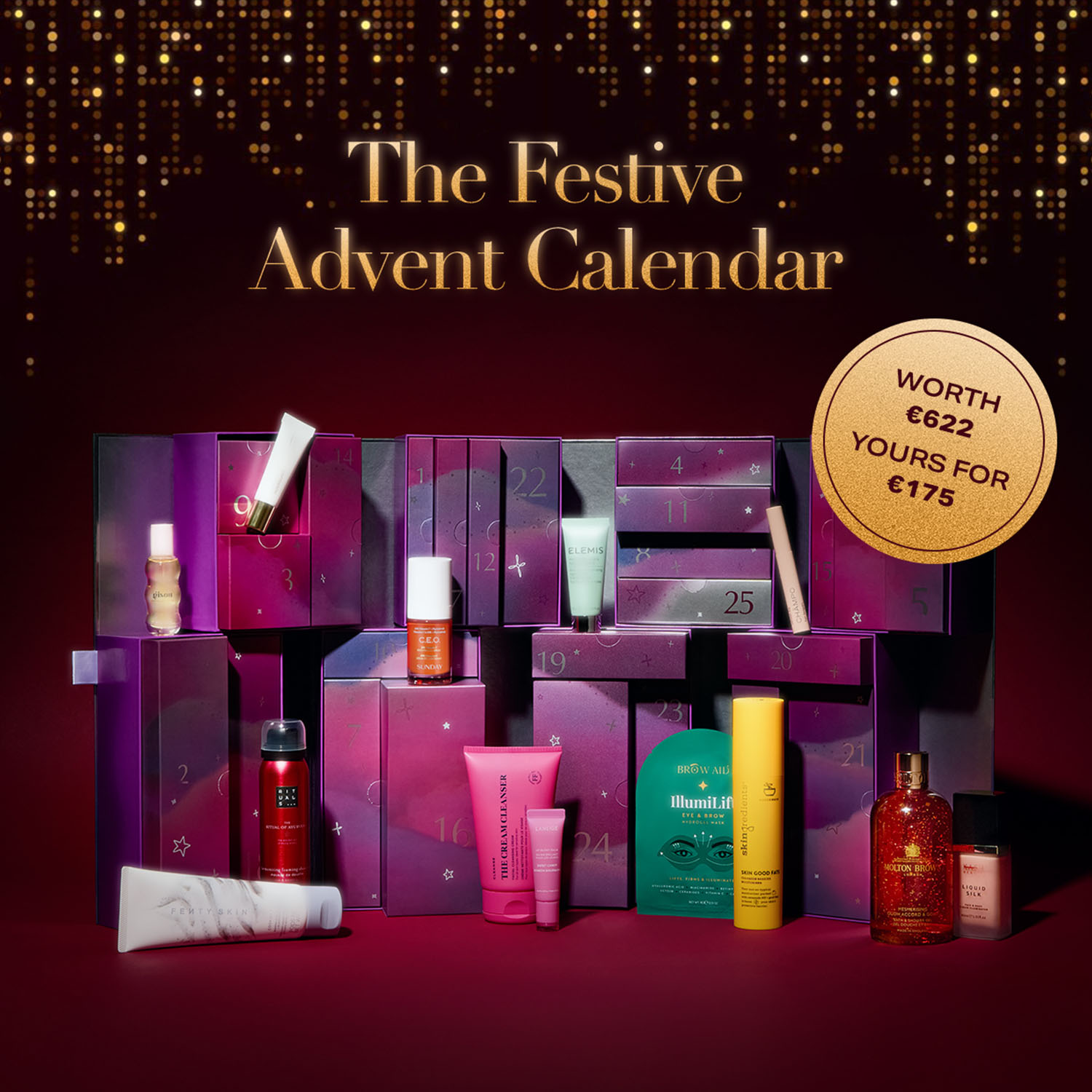 Advent calendar with beauty products, labeled 'The Festive Advent Calendar,' valued at €622.