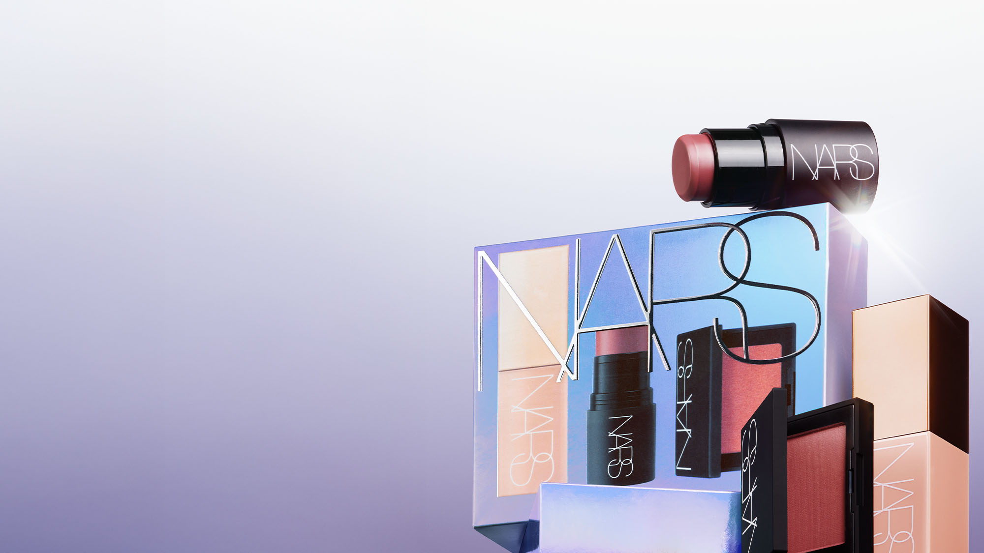 NARS makeup products, including lipstick, blush, and foundation, displayed with packaging against a gradient background.