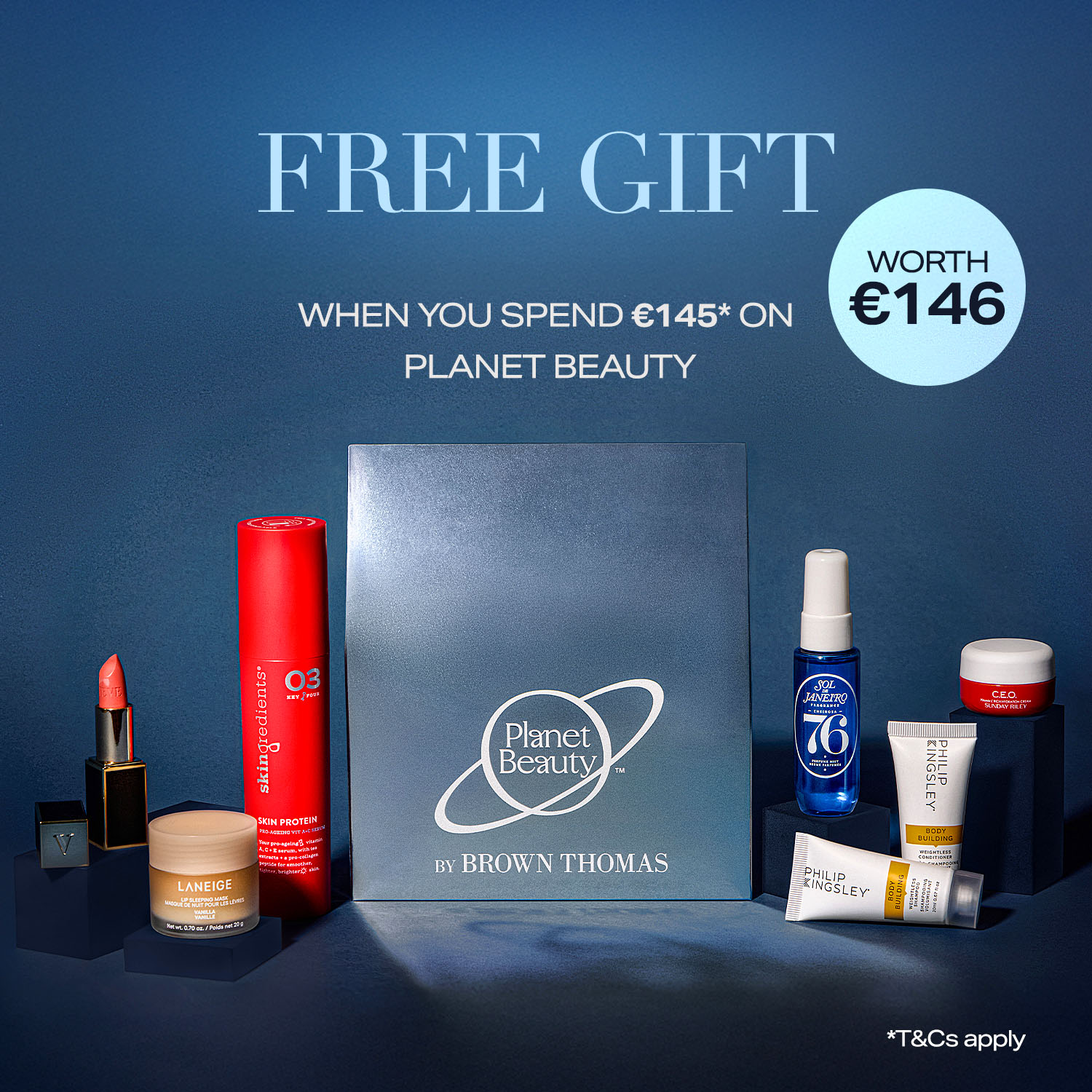 Products displayed with text advertising a free gift worth €146 when €145 is spent on Planet Beauty by Brown Thomas.