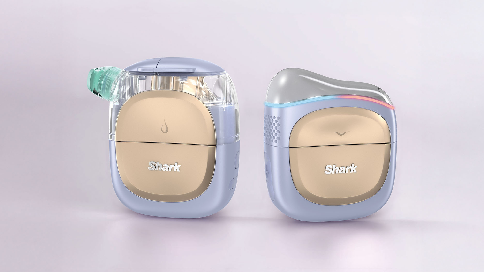 Two compact Shark-brand devices with beige panels and blue accents, featuring transparent top compartments.