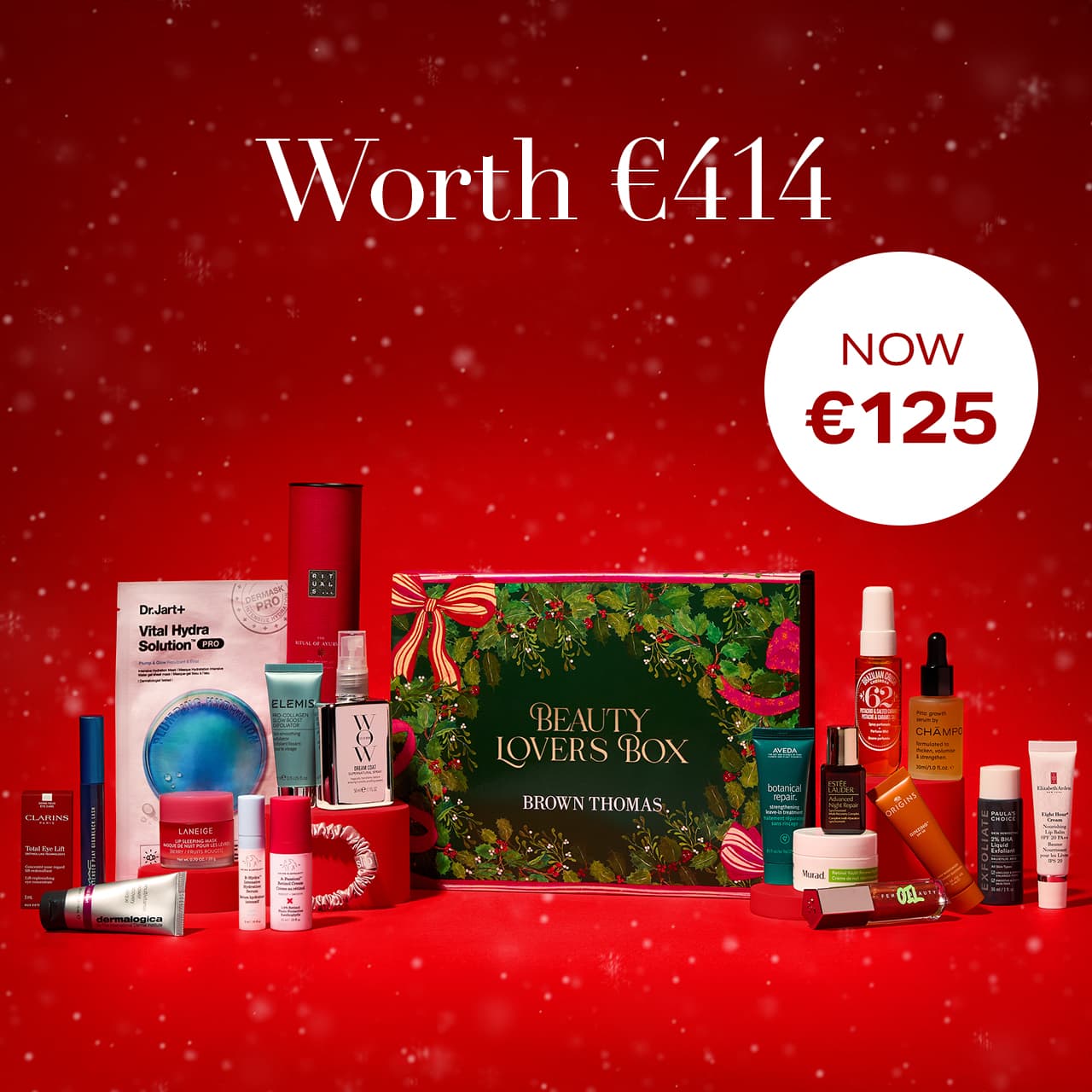 A promotional image for a 'Beauty Lovers Box' displaying various skincare and cosmetic products on a red background.