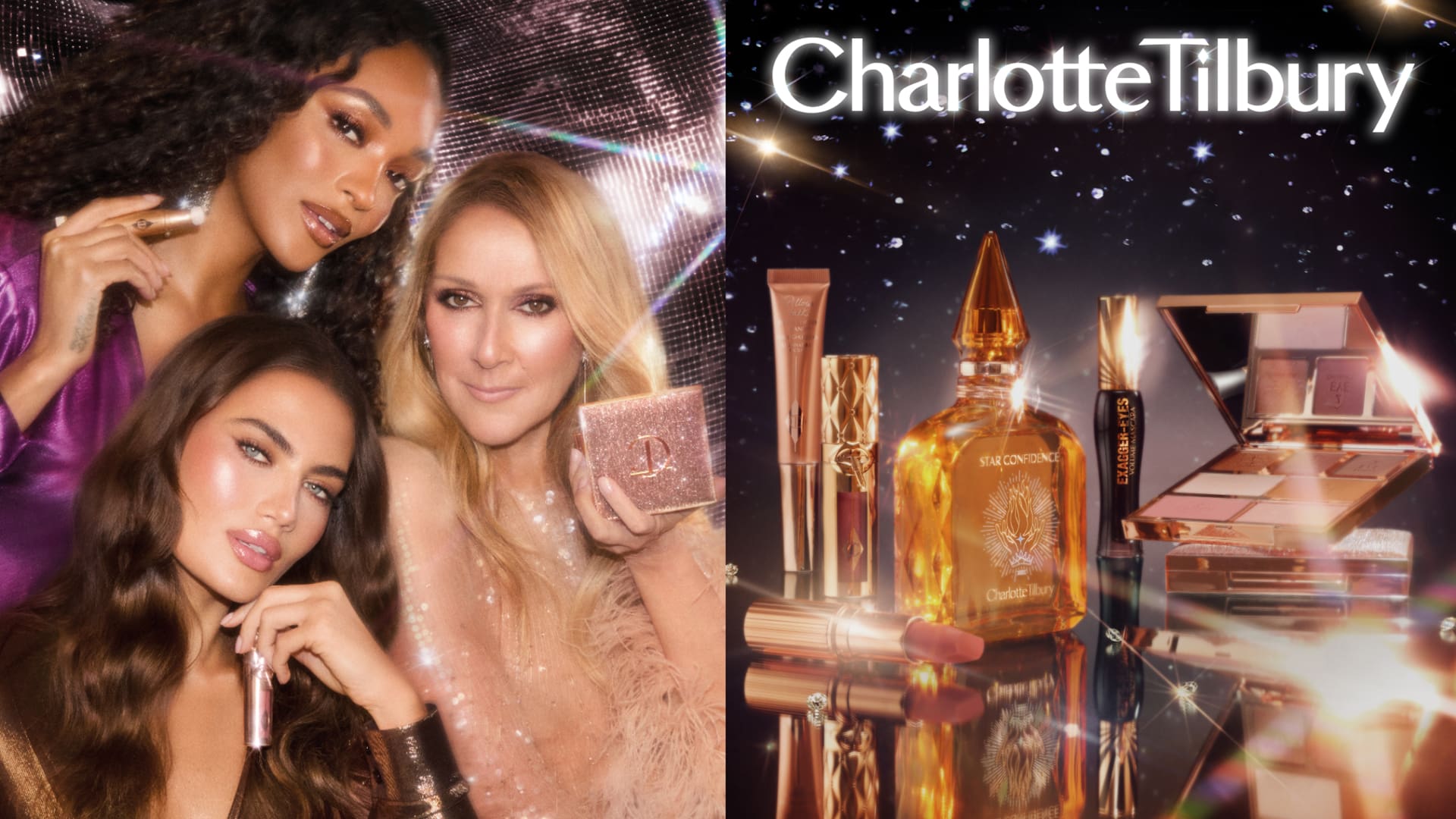 Three women posing with Charlotte Tilbury makeup products under a starry background.