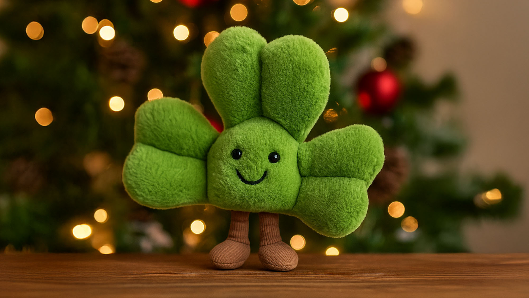 A plush Jellycat toy shaped like a smiling green plant stands on a wooden surface with a festive, blurred Christmas tree background.