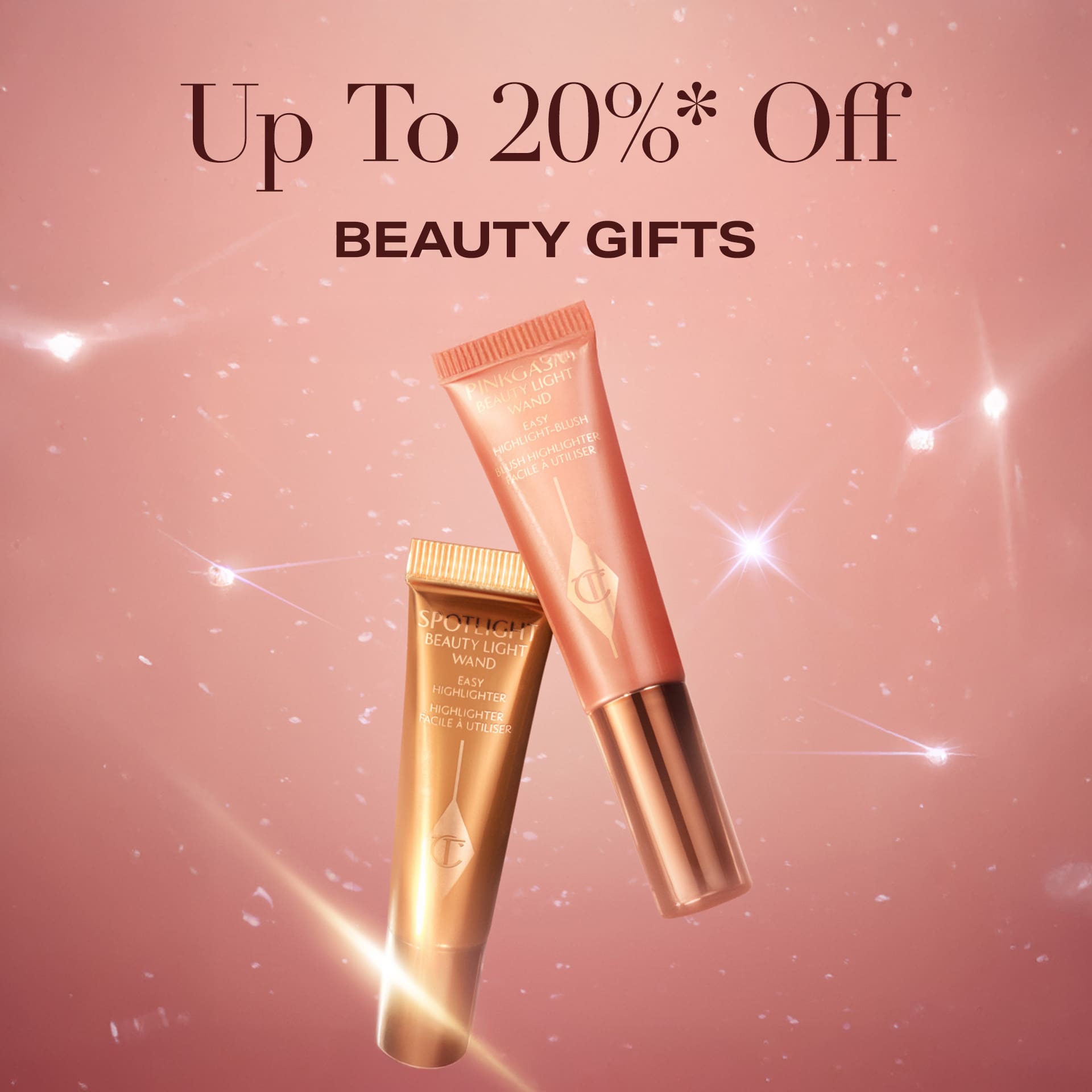Two Charlotte Tilbury products with 'Up to 20% Off Beauty Gifts' text on a sparkling pink background.