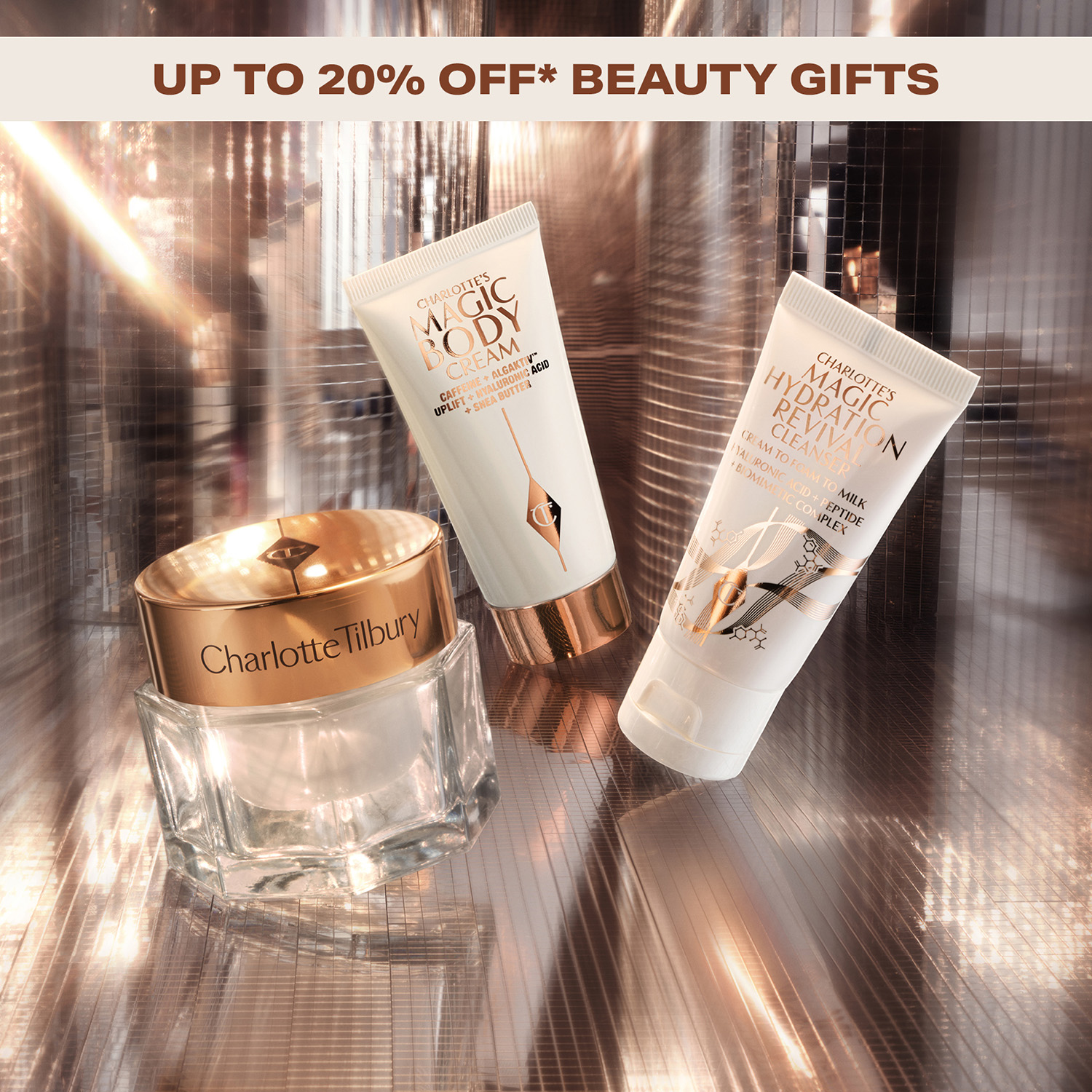 Charlotte Tilbury beauty products including cream and lotion with a discount offer displayed.