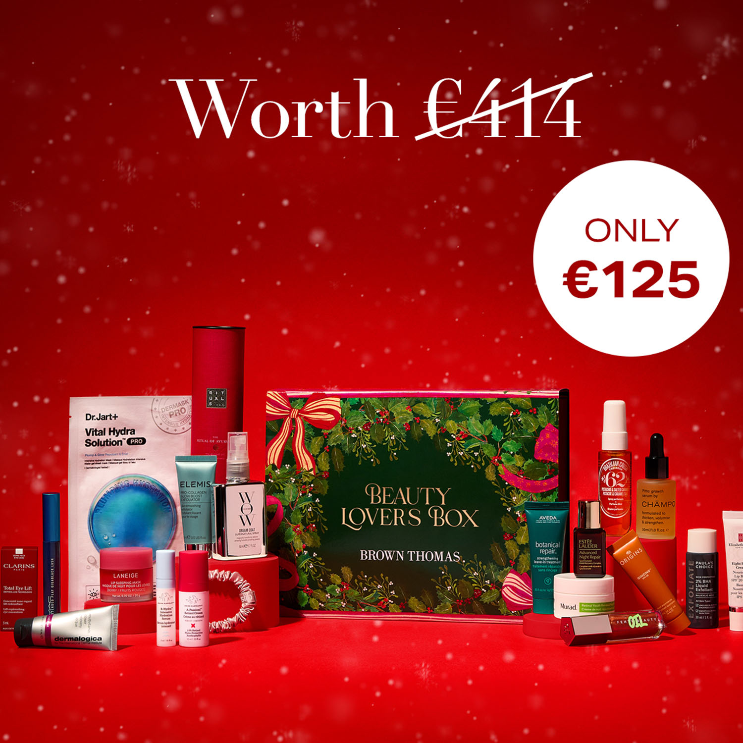 Beauty products displayed on a red background. Text: 'Worth €414' and 'ONLY €125' with a 'Beauty Lover's Box' in the center.