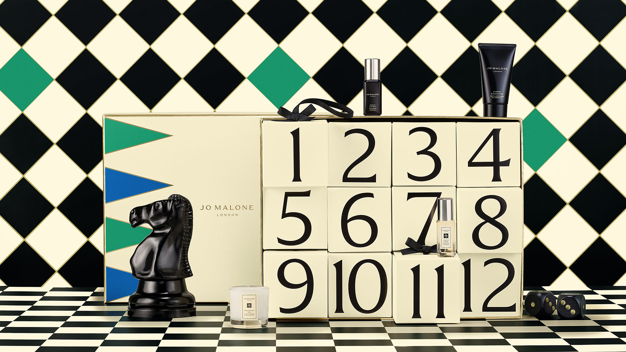Advent calendar with gifts, a chess knight, and a checkered background.