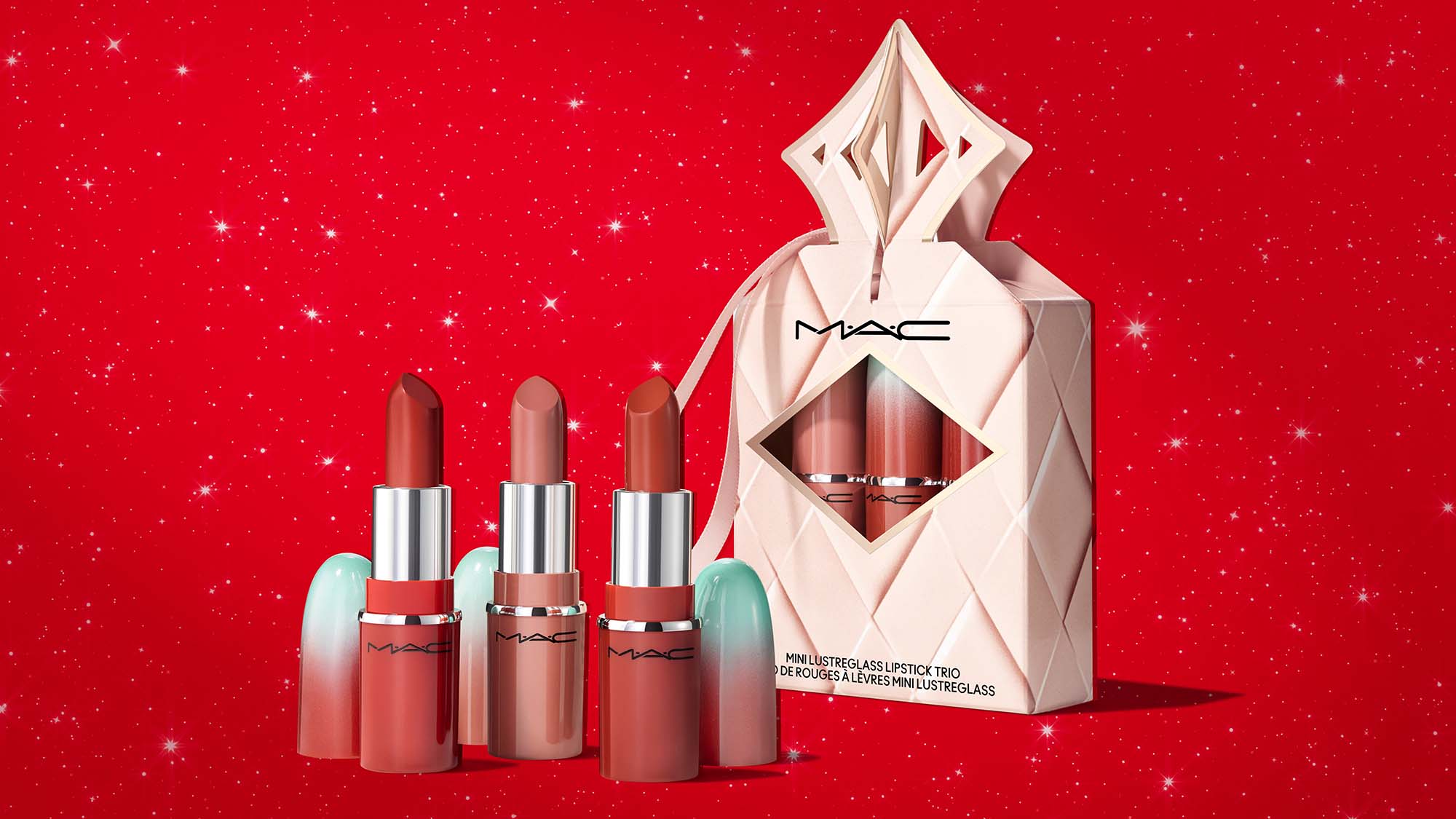A gift set of lipsticks from M.A.C on a red background
