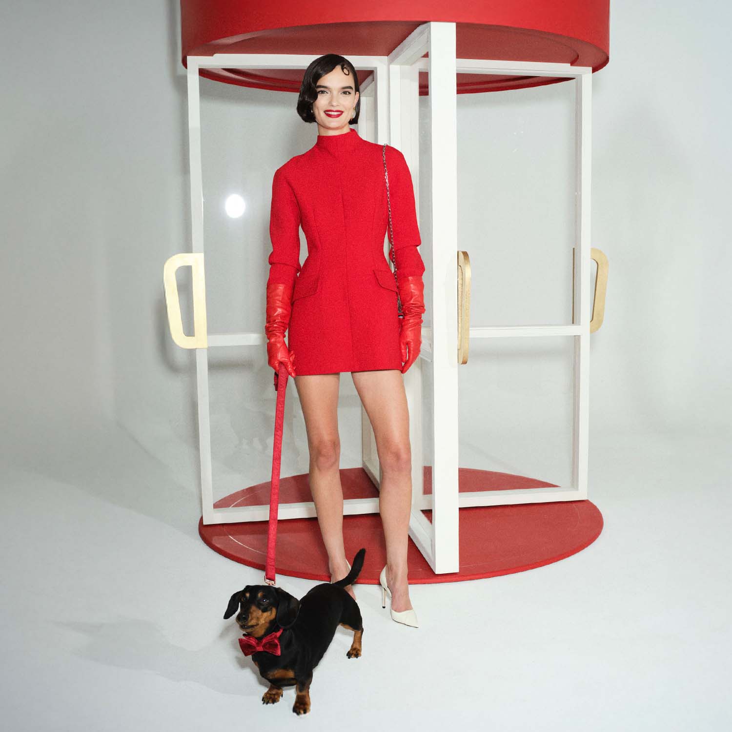 A woman in a red dress stands by a revolving door, holding a leash for a black and brown dog.