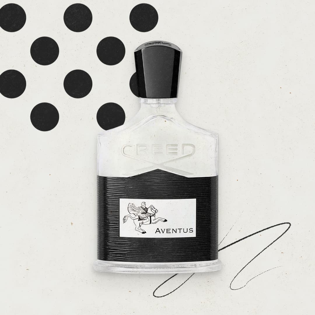 A bottle of Creed Aventus cologne with a black cap, placed on a white background with black dots and minimalist design elements.