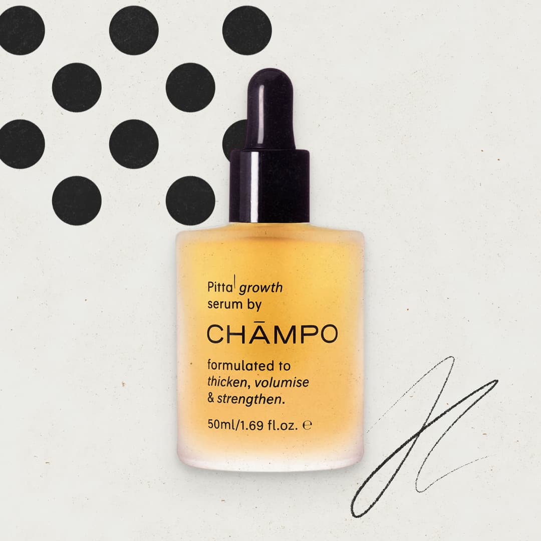 A dropper bottle of Champo Pitta growth serum is displayed with black dots and a squiggly line on a light background.