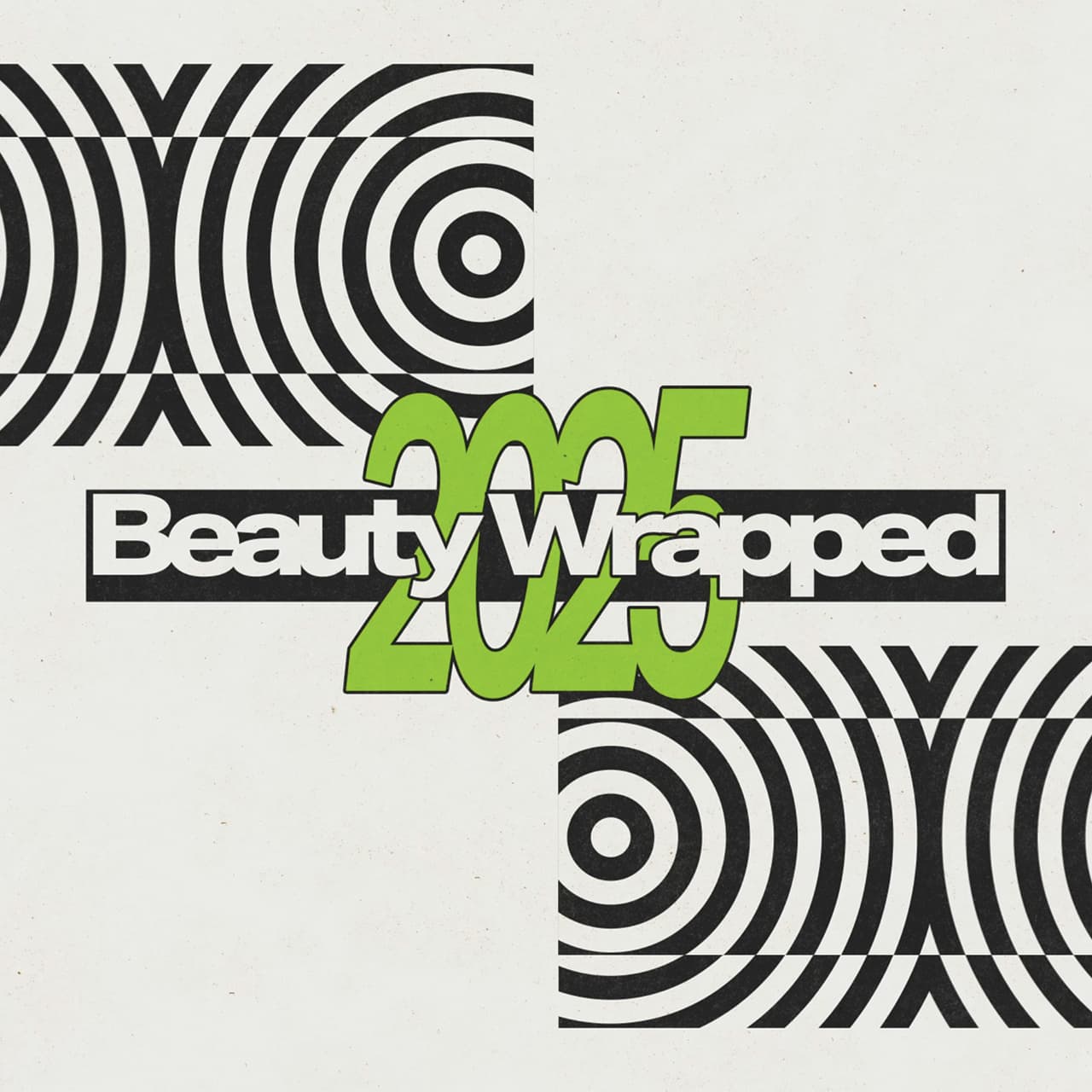 Text 'Beauty Wrapped 2025' in bold with psychedelic black and white patterns in the background.