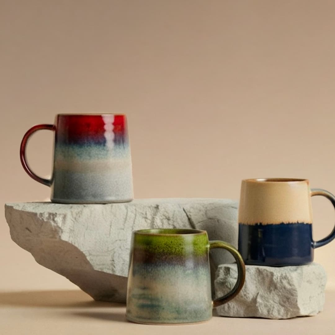 Three ceramic mugs in red, green, and blue tones are displayed on white stone blocks against a beige background.