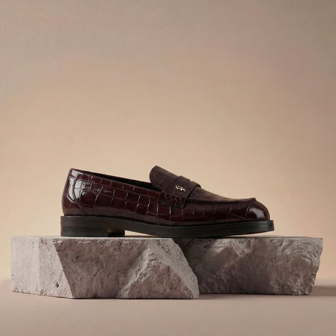A brown leather loafer with a crocodile pattern rests on two large gray stones.