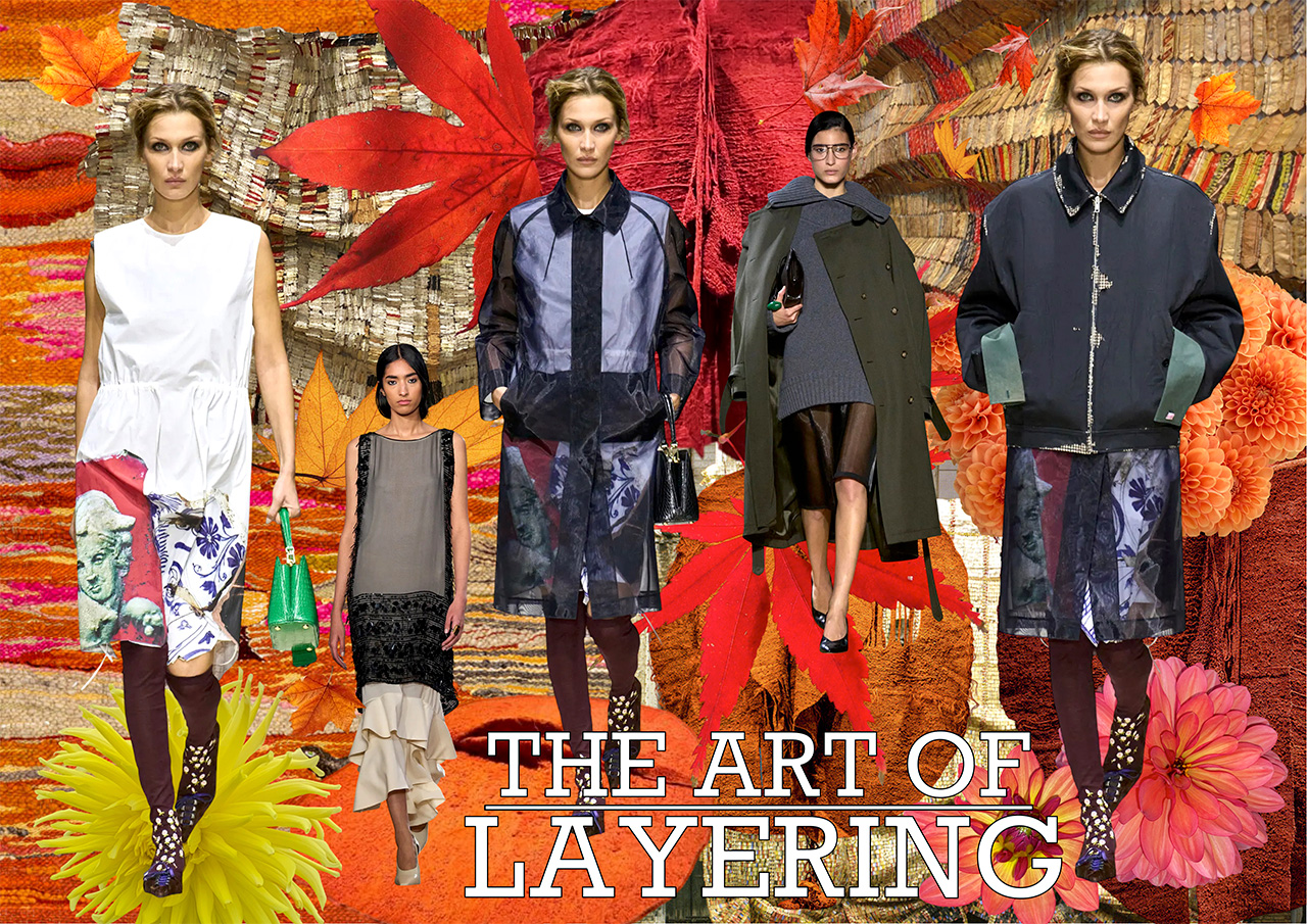 Models wearing layered autumn-winter outfits featuring sheer overshirts, structured knits, and textured pieces against colourful floral backdrop