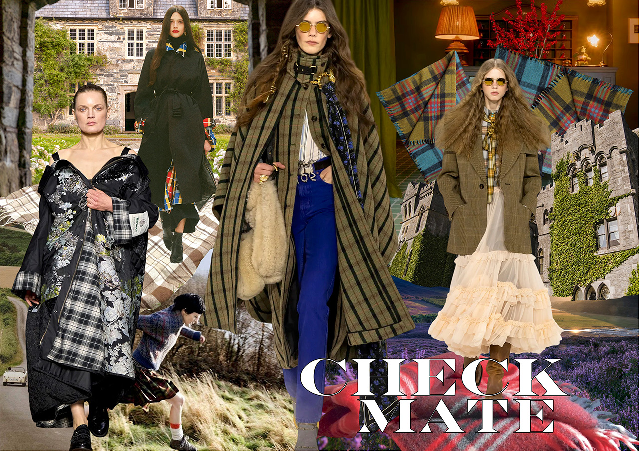Models wearing check and tartan patterned coats, dresses and accessories set against country and heritage-inspired backdrops.