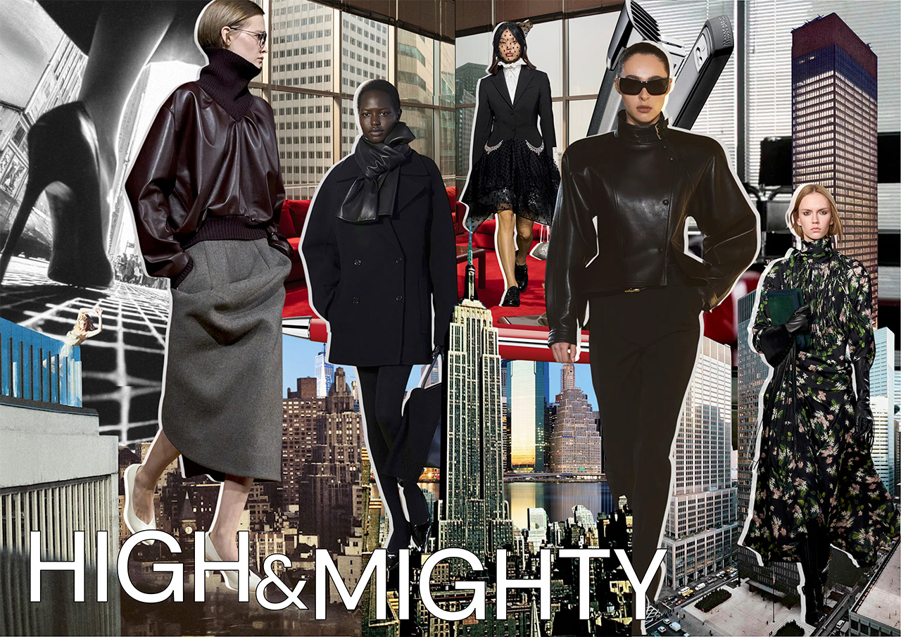 Models wearing high-necked coats, funnel necks and layered outerwear with statement scarves against modern cityscape backdrop.