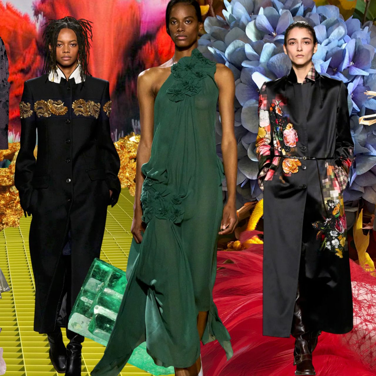 Fashion runway featuring models in diverse autumn/winter outfits including cream, black sequinned, patterned, and green styles against colourful abstract backgrounds.
