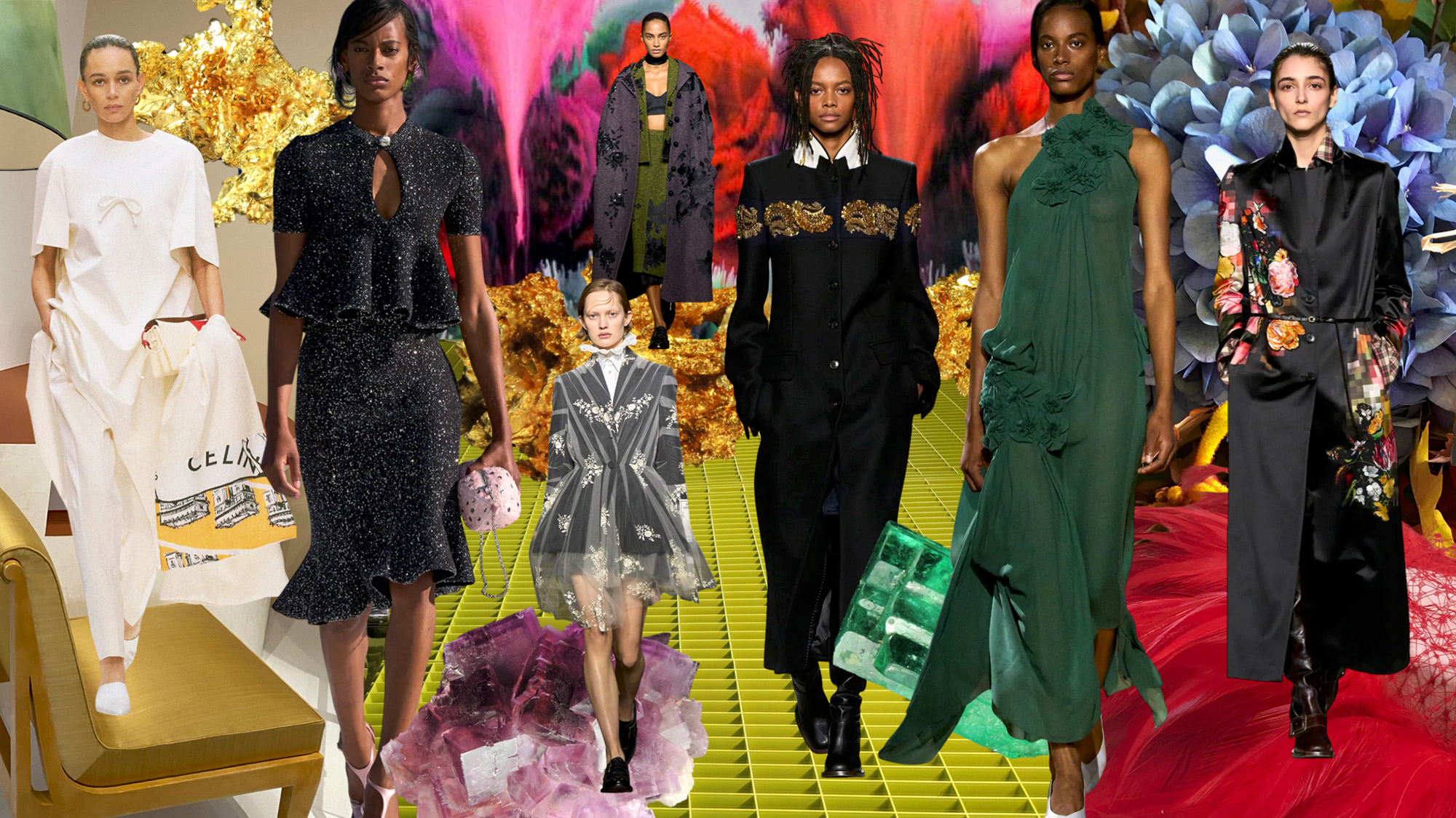 Fashion runway featuring models in diverse autumn/winter outfits including cream, black sequinned, patterned, and green styles against colourful abstract backgrounds.