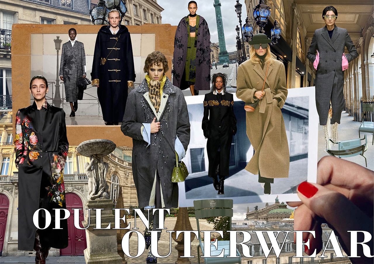 Models styling oversized coats with embroidery, patterns and exaggerated shoulders in Parisian setting with architectural details.