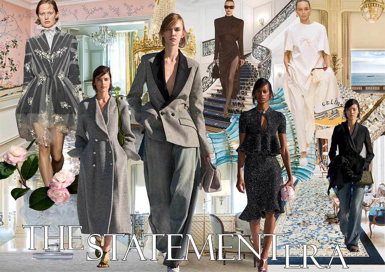 Models in elegant waist-cinching statement silhouettes by luxury designers, posed in luxurious interior setting with gold details