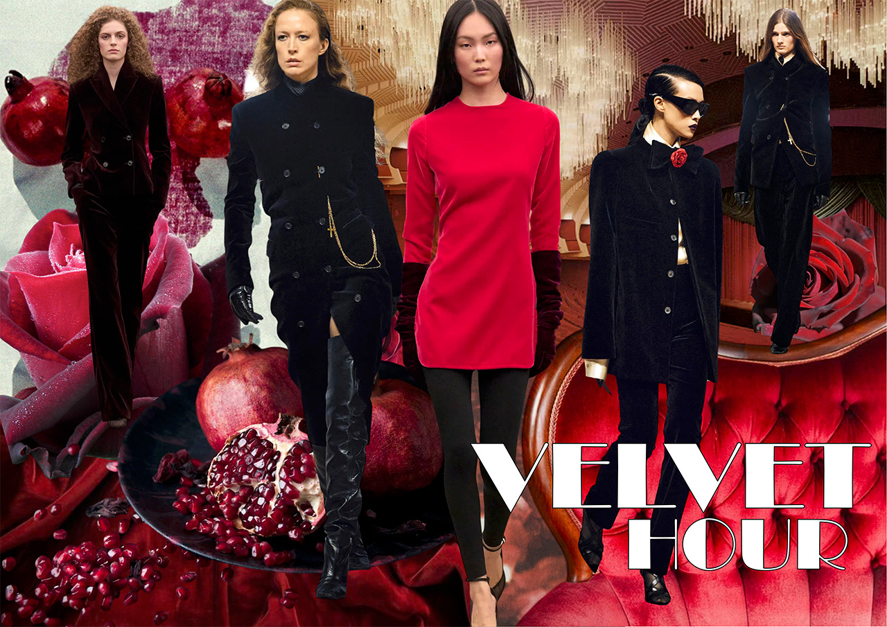 Models wearing luxurious velvet garments in black and red tones, styled with pomegranates and rich textured backdrop